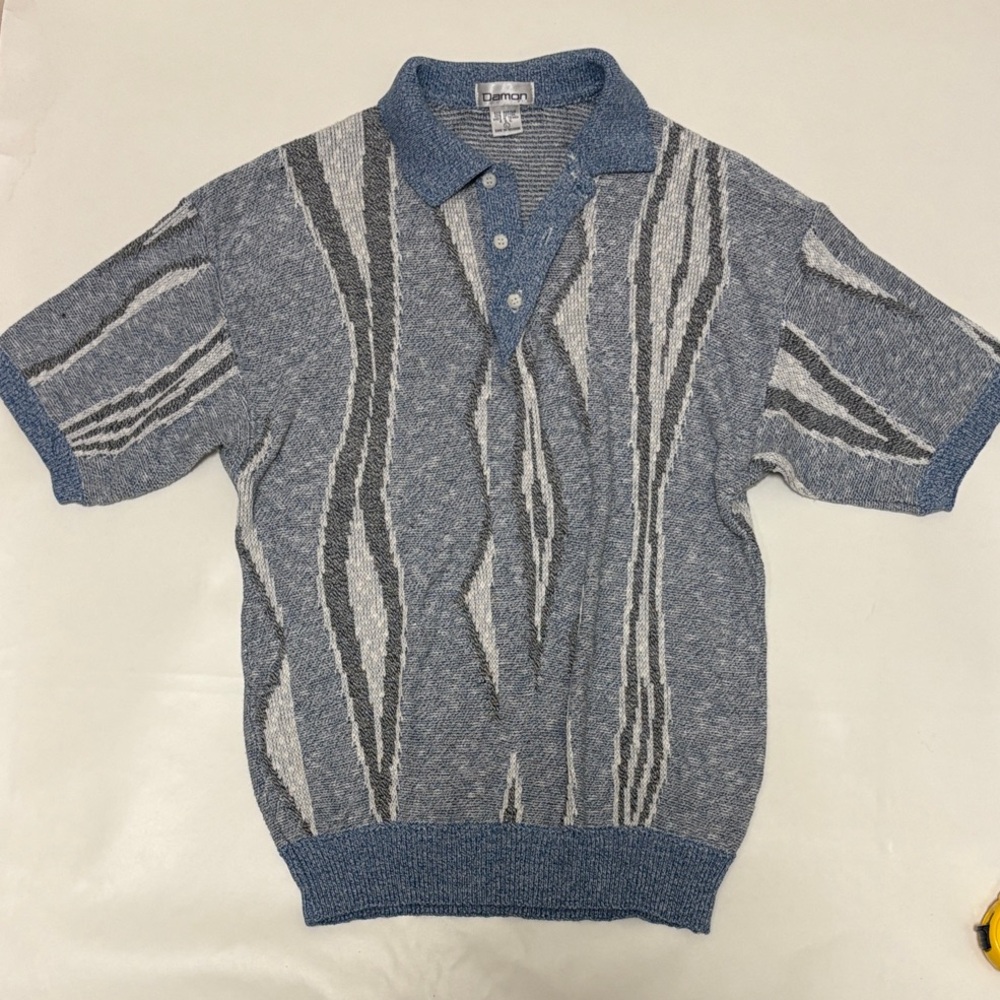 Vtg Damon Short Sleeve Blue Knit Polo Sweater Blue Gray White Stripe Size L